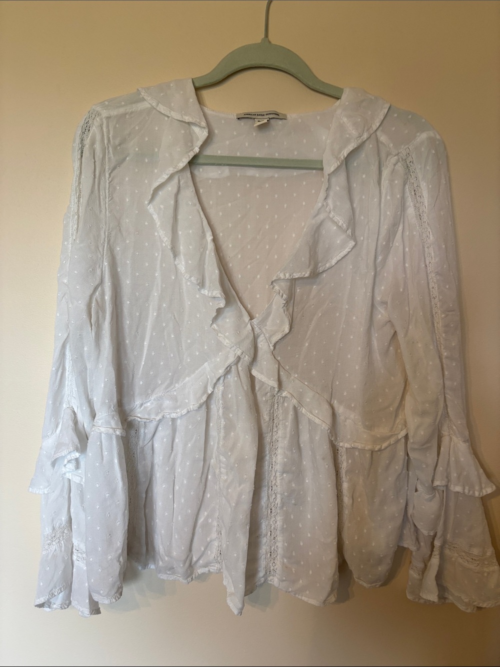 American Eagle Outfitters White Ruffle Swiss Dot Blouse